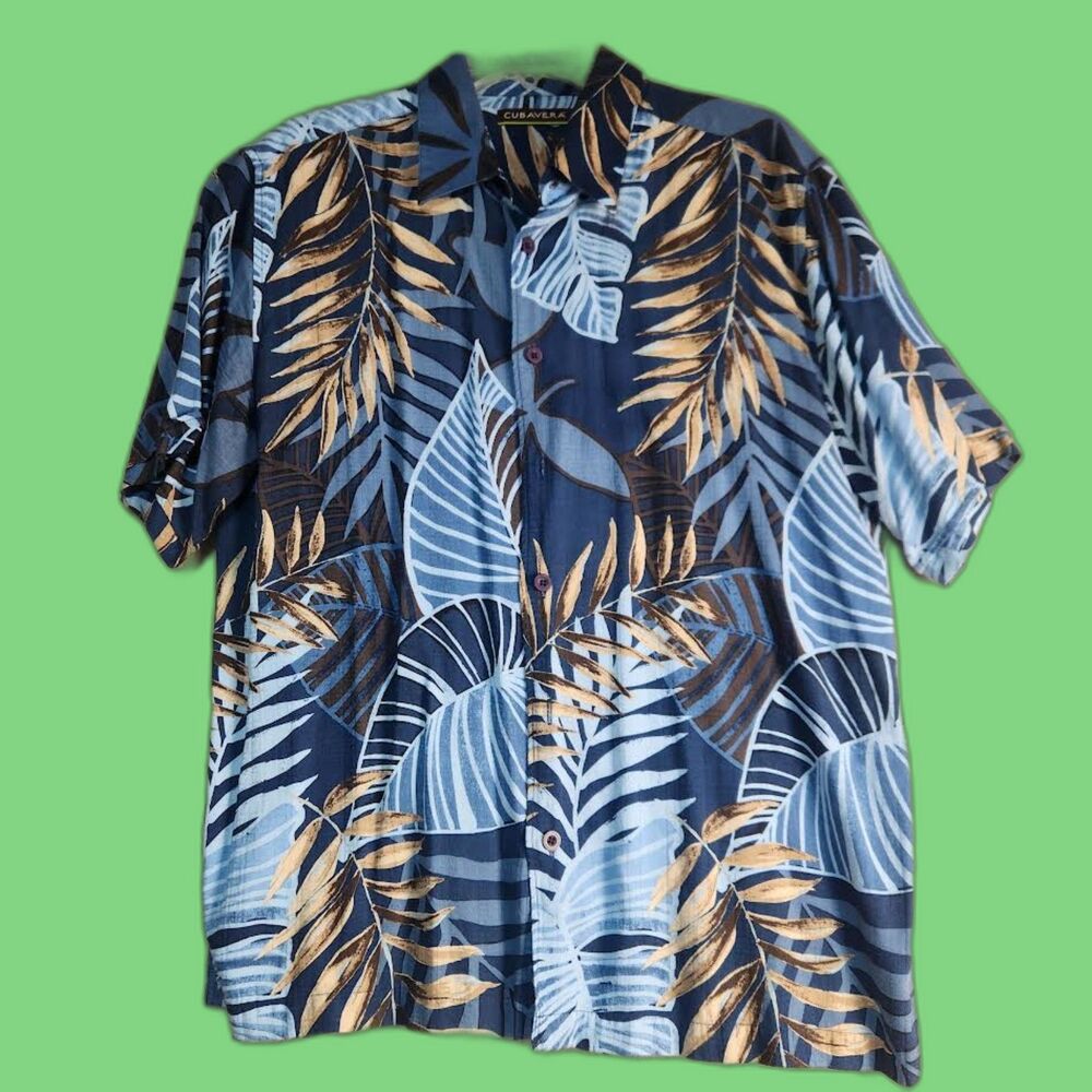 Cubavera Men's Blue Hawaiian Print Shirt Size Large